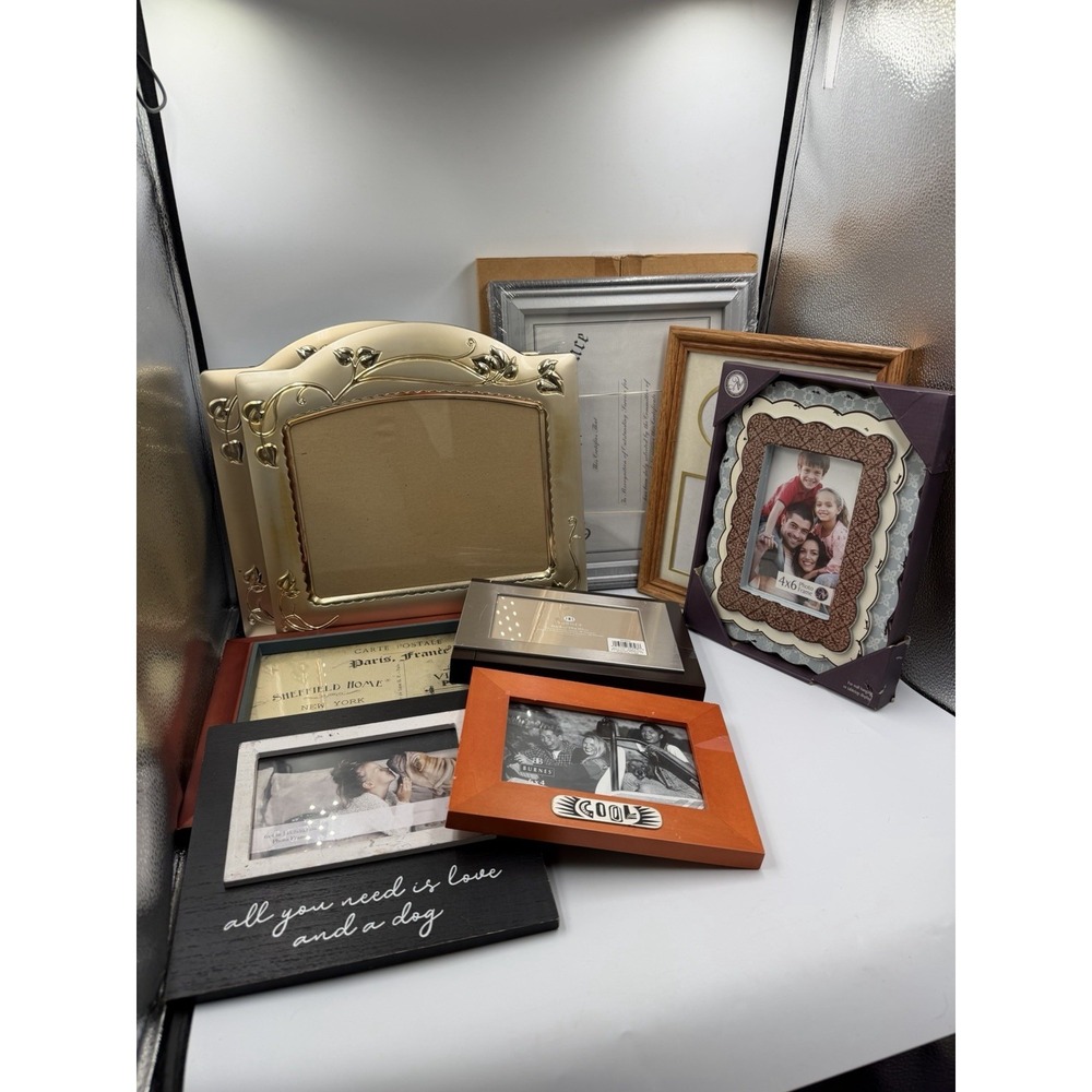 Lot of 8 Vintage Multi-Material Picture Frames & 1 Photo Album Assorted Sizes